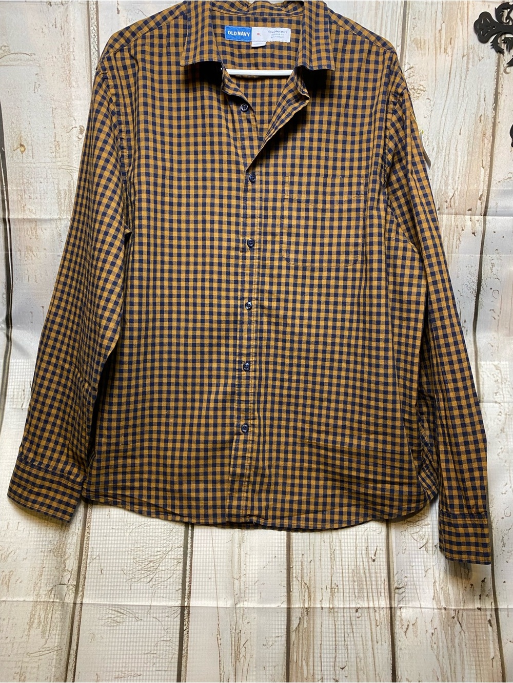 Old Navy Men’s Navy & Brown Gingham Button-Down Shirt Sz-XL